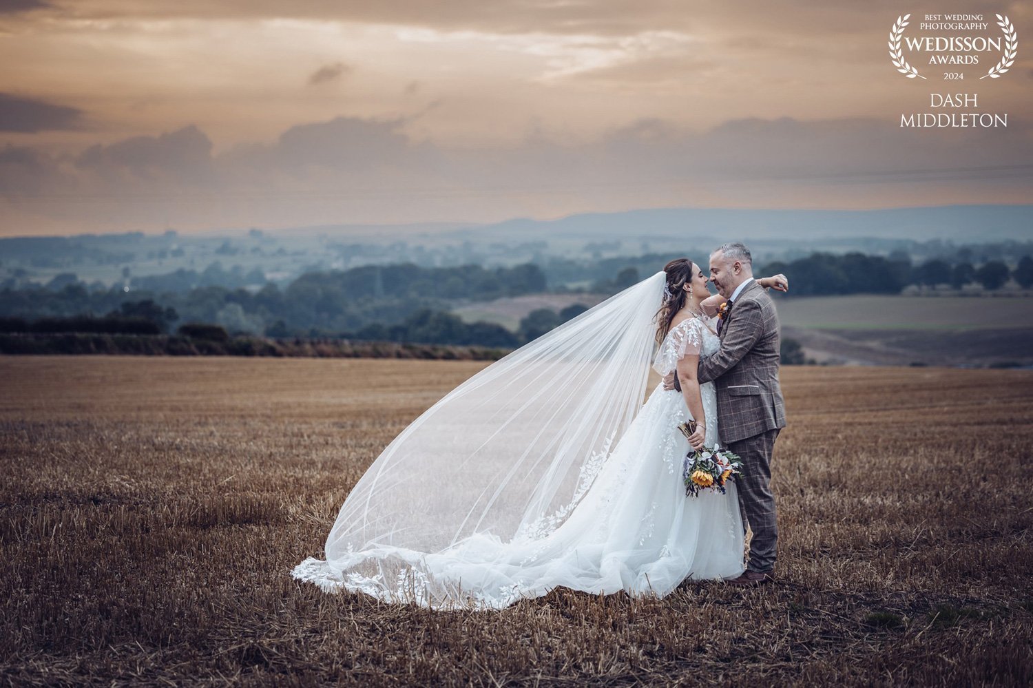 Bride and groom in Runa Farm Field at sunset, a signature romantic shot by Dash Photo, Northeast wedding photographer